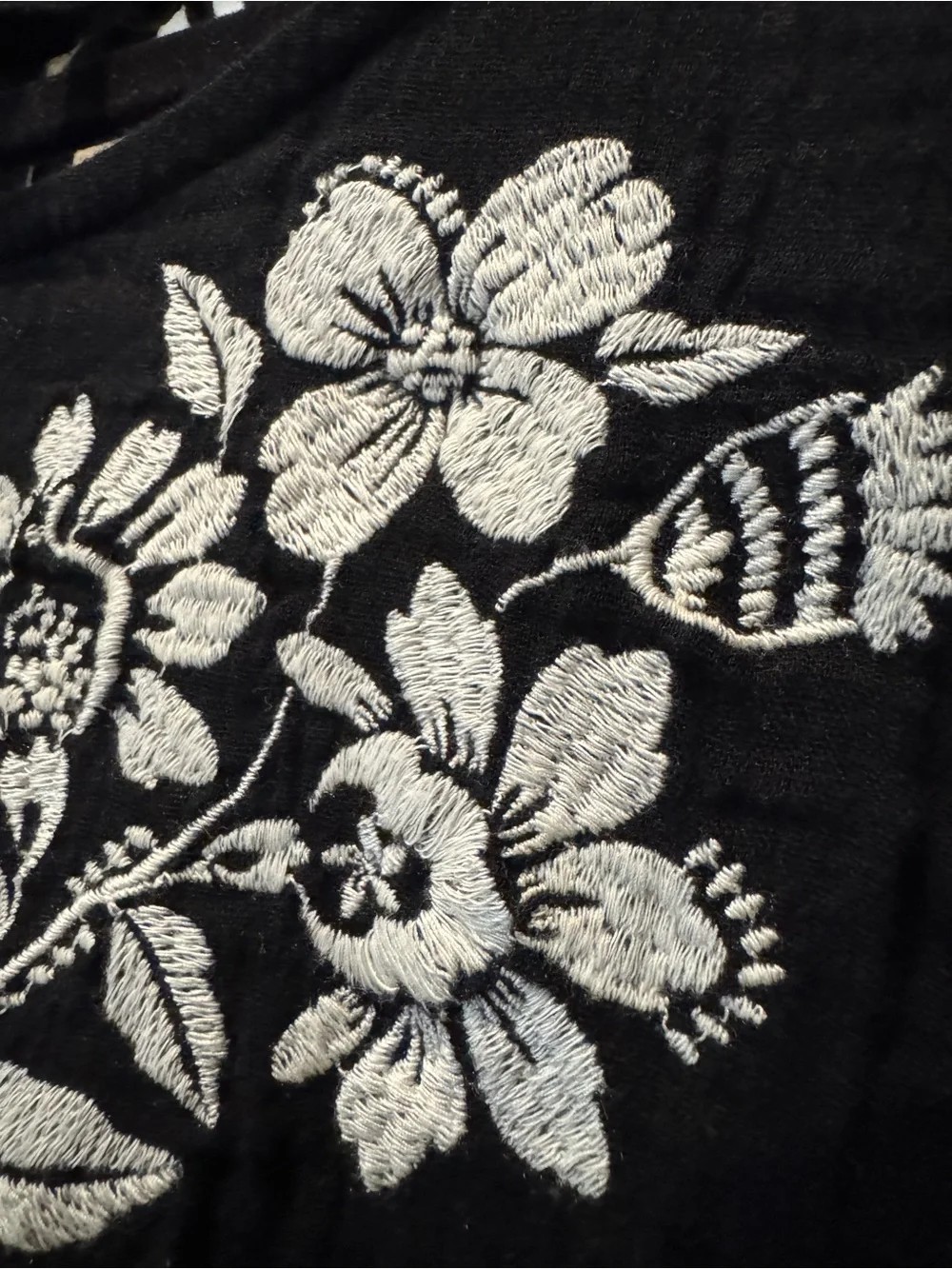 Old Navy Black Peasant Top with White Floral Embroidery